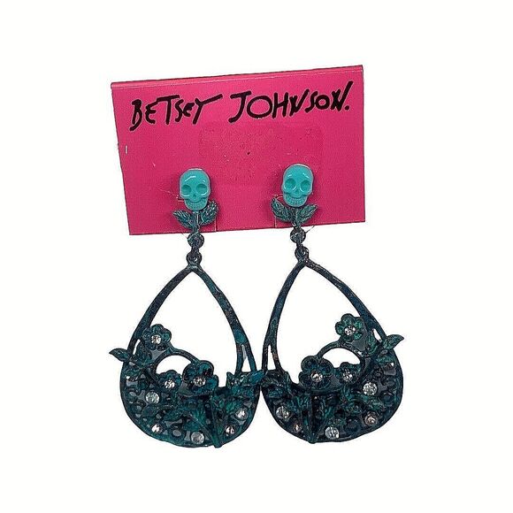 Betsey Johnson TEAL PATINA Skull Large Hoop Earrings 2" Crystal Statement - Picture 2 of 12